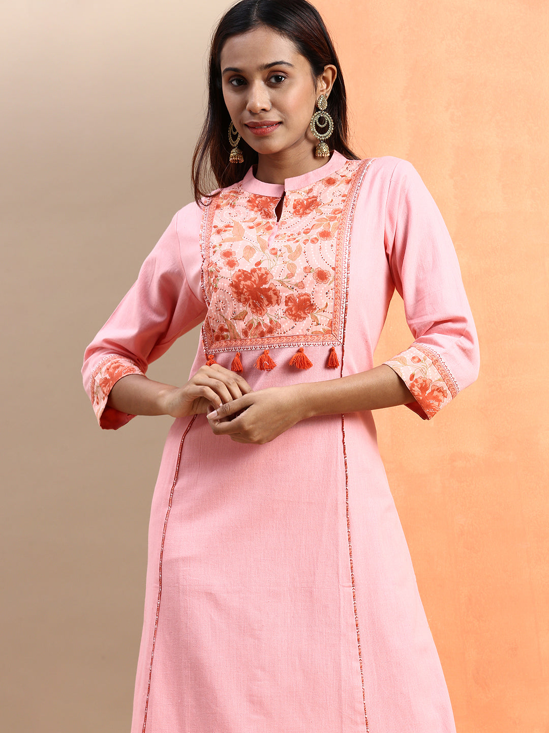 Buy SATRAT's Women Girls Casual Regular Long Knee Length Cream Cotton  Brasso Printed Kurti Chinese Collar Neck 3/4th Sleeves. Latest High Quality  Office Wear Design Today Offers Buy Online For Low &